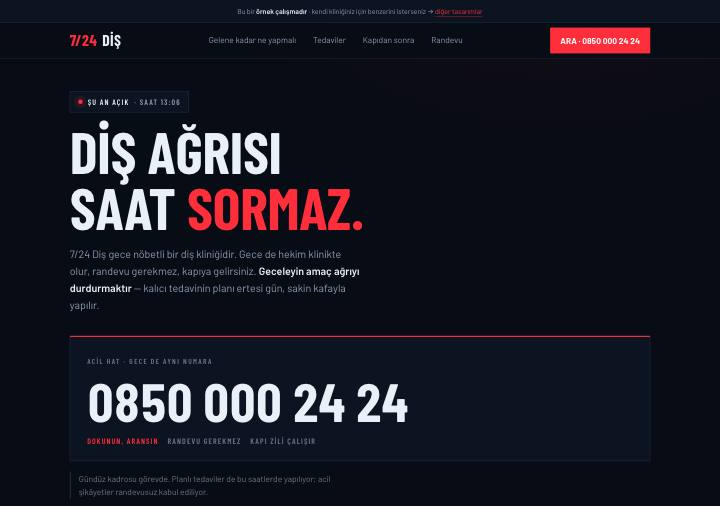 Acil tasarımı — lacivert-siyah zemin, kırmızı vurgu, dev telefon numarası