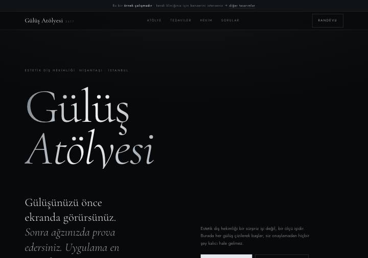 Estetik tasarımı — siyah zemin, platin vurgu, ince serif