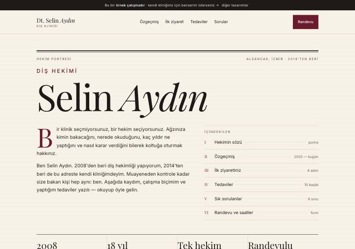 Hekim tasarımı — fildişi zemin, bordo vurgu, dergi düzeni