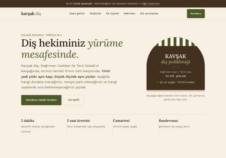 Mahalle tasarımı — krem zemin, zeytin yeşili vurgu, sıcak dil