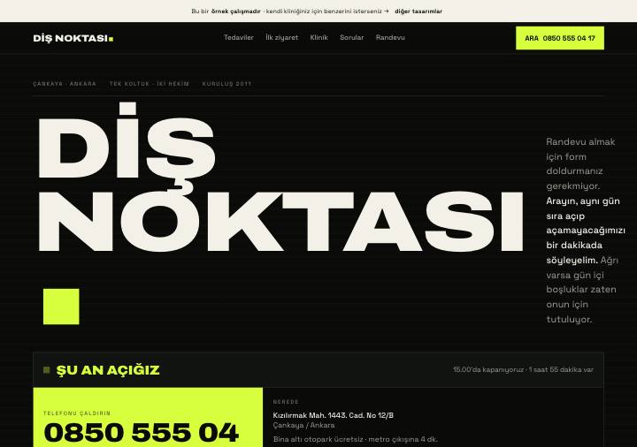 Randevu tasarımı — siyah zemin, devasa tipografi, arama çubuğu