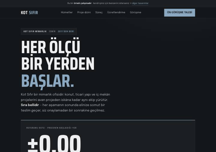 Referans kotu tasarımı — koyu grafit zemin, pafta mavisi, dev ±0.00