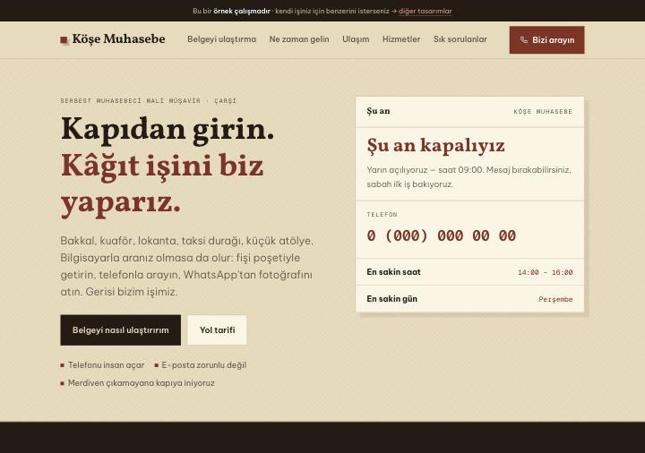 Esnaf tasarımı — mahalle muhasebecisi, sıcak dil