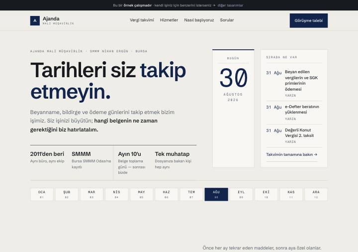 Takvim tasarımı — vergi takvimi sayfanın merkezinde
