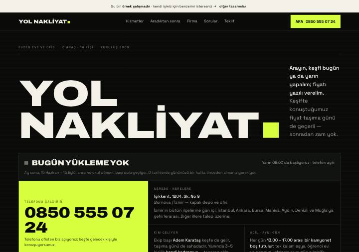 Teklif tasarımı — siyah zemin, dev manşet, limon zeminde telefon numarası
