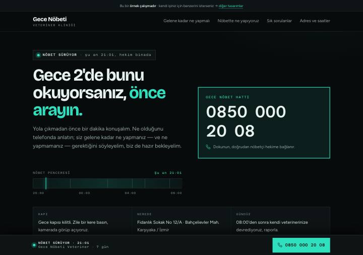 Acil tasarımı — koyu zemin, dev telefon numarası