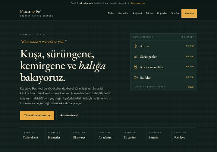 Egzotik tasarımı — doğa tarihi kitabı hissi, tür dizini