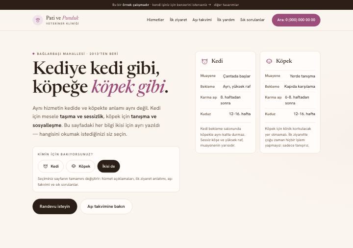 Kedi ve köpek tasarımı — sıcak palet, tür seçimi